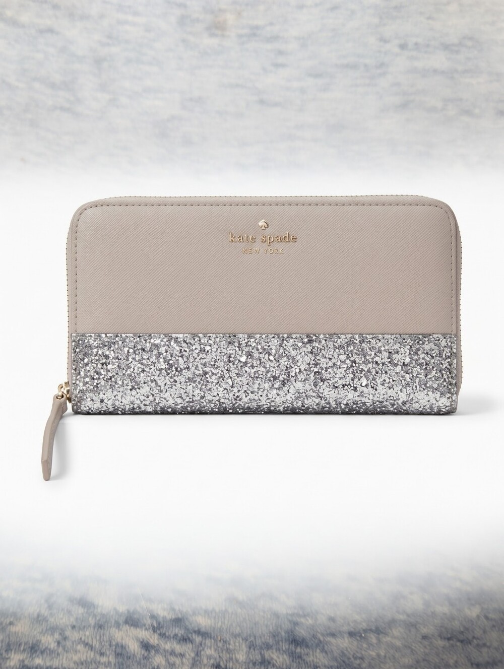 kate spade tan wallet with silver glitter trim